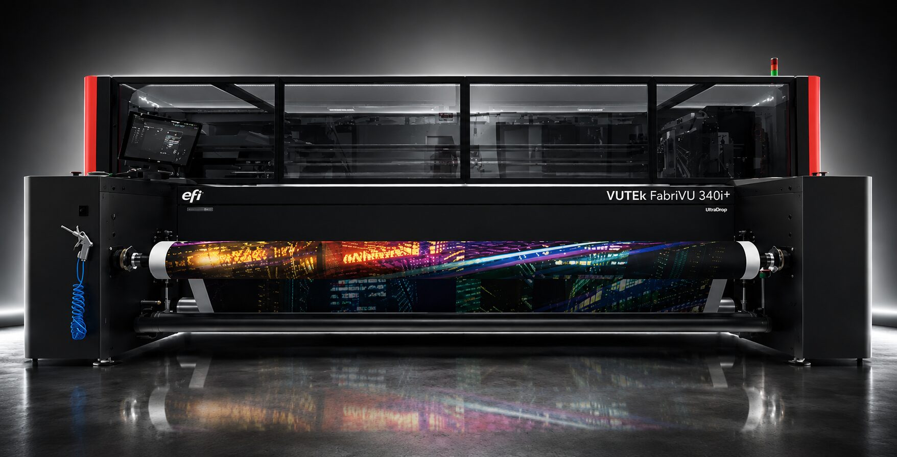 EFI VUTEk FabriVU 340i+ grand-format printer running vivid fabric graphics at Red Bliss, Las Vegas
