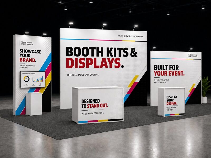 Booth kits and displays staged for a trade show — printed by Red Bliss, Las Vegas