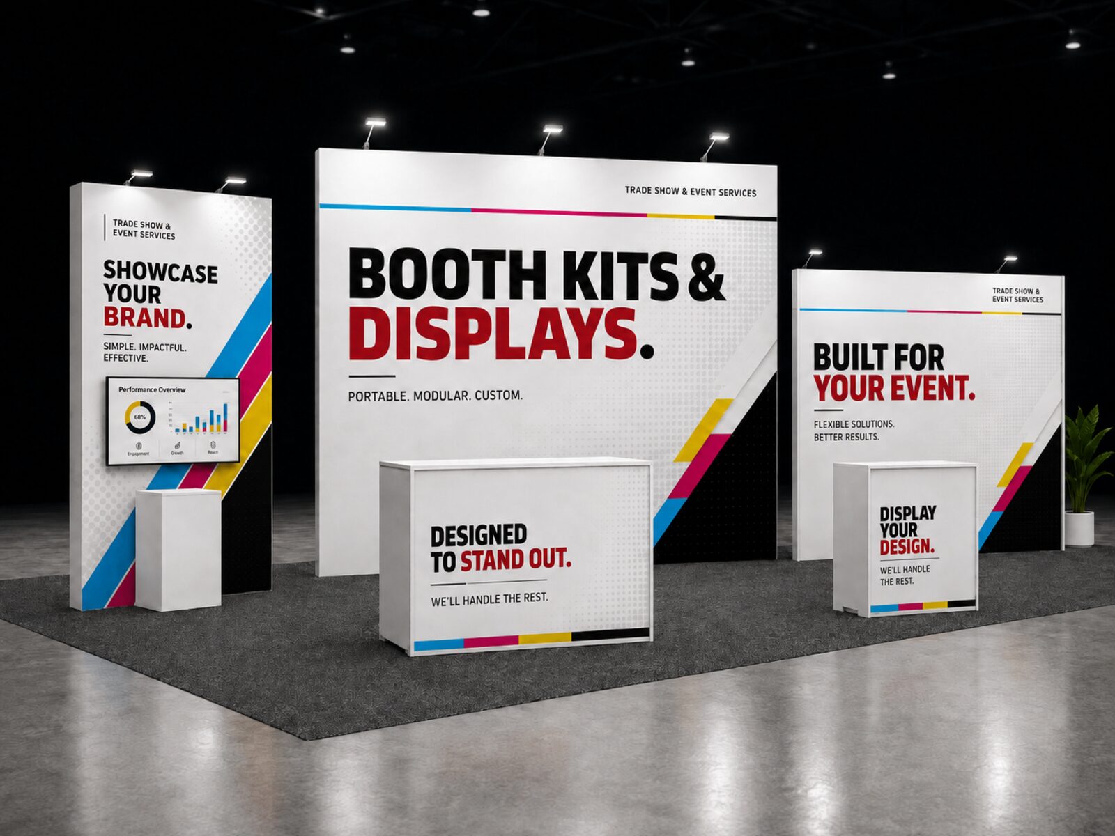 Booth kits and displays staged for a trade show — printed by Red Bliss, Las Vegas