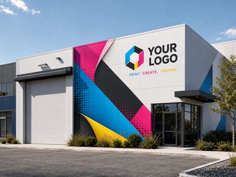 Building exterior wrapped with large-format CMYK graphic — printed by Red Bliss, Las Vegas