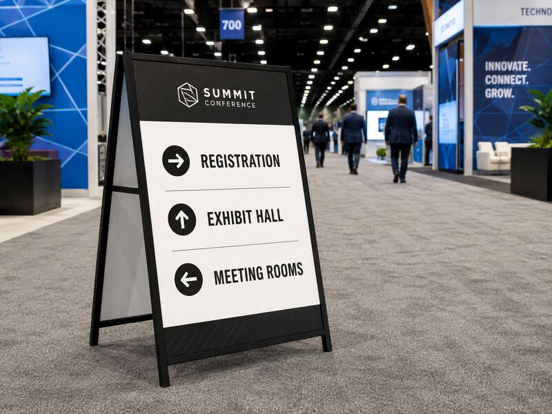Directional A-frame wayfinding sign in convention hall — printed by Red Bliss, Las Vegas