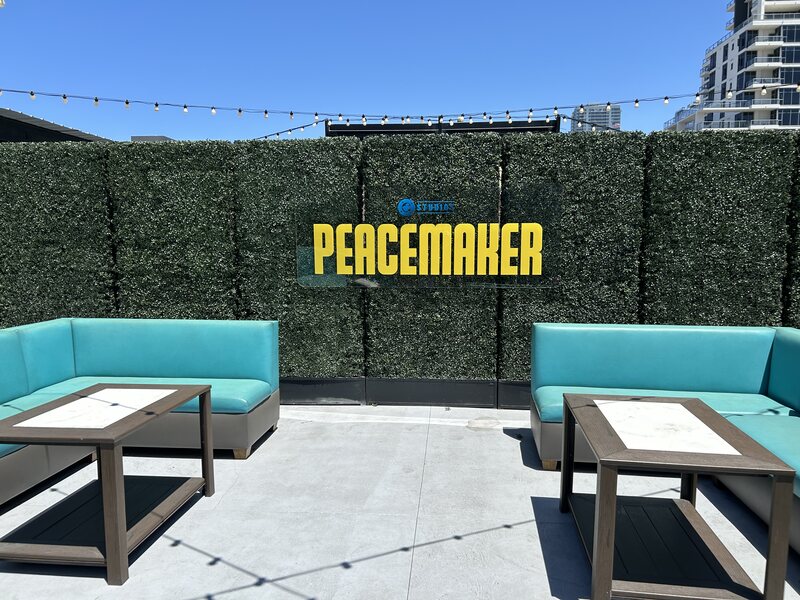 Outdoor lounge seating in front of a Peacemaker hedge wall