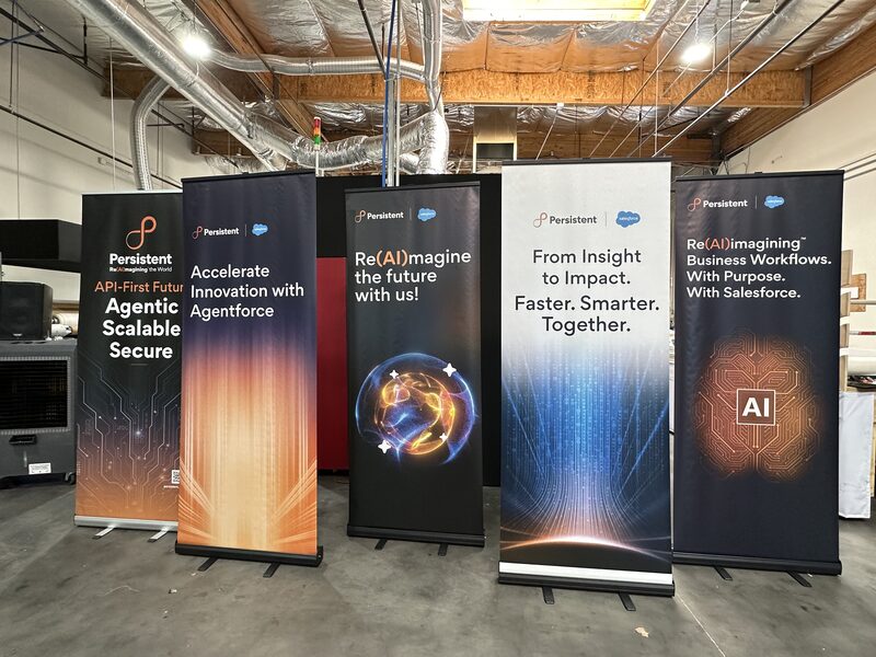 Group of tall AI-themed printed exhibit banners assembled side by side