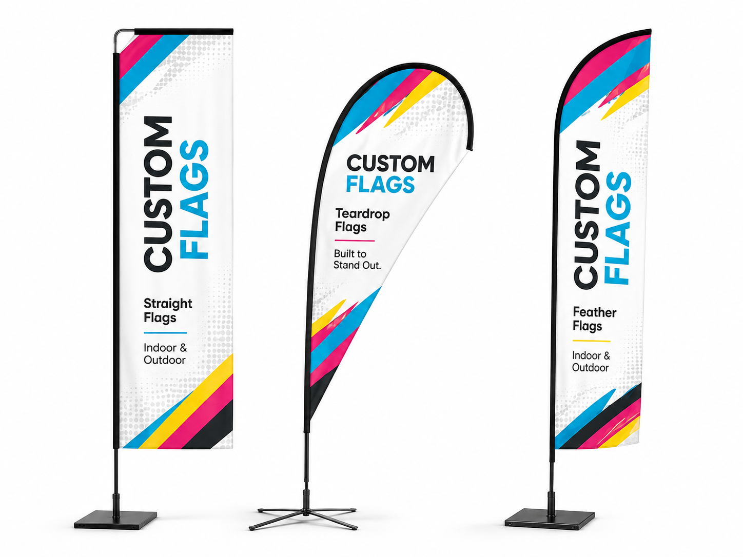 Custom straight, teardrop, and feather flags — printed by Red Bliss, Las Vegas