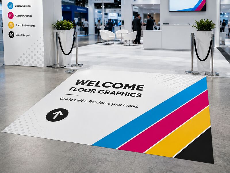 Floor graphic installed at a trade show entrance — printed by Red Bliss, Las Vegas