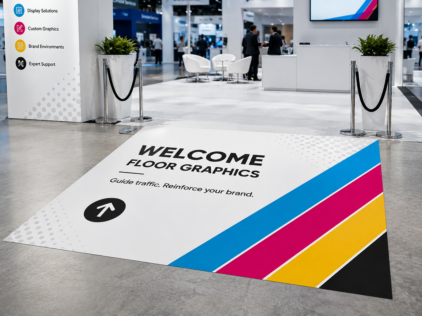 Floor graphic installed at a trade show entrance — printed by Red Bliss, Las Vegas