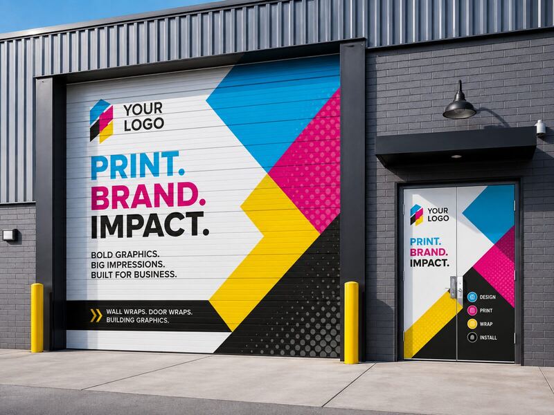 Garage door and entry wrapped with bold CMYK graphics — printed by Red Bliss, Las Vegas