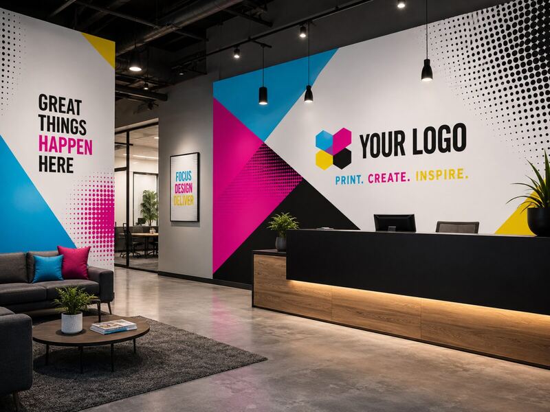 Office reception with printed interior wall mural — printed by Red Bliss, Las Vegas