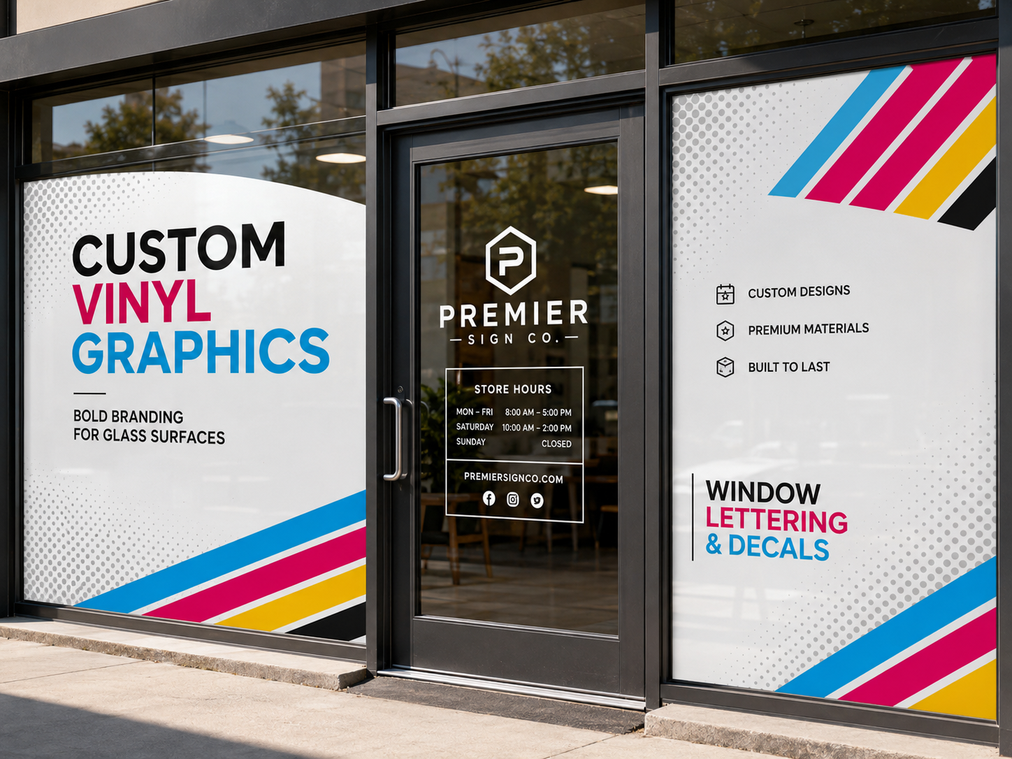 Custom vinyl window graphics on a storefront — printed by Red Bliss, Las Vegas