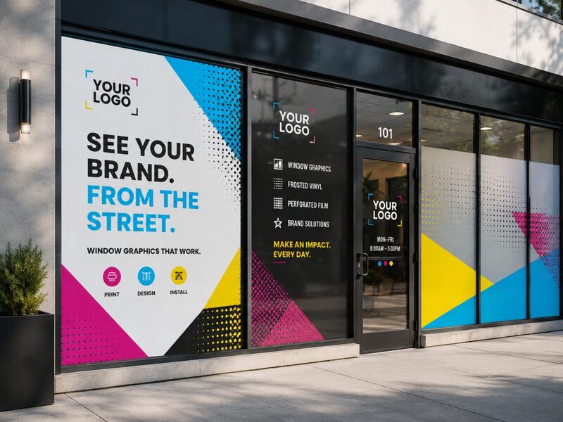 Storefront windows printed with bold brand graphics and frosted vinyl — printed by Red Bliss, Las Vegas